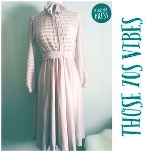 VINTAGE 70s Ruffled Secretary Dress Sheer Pink S/M